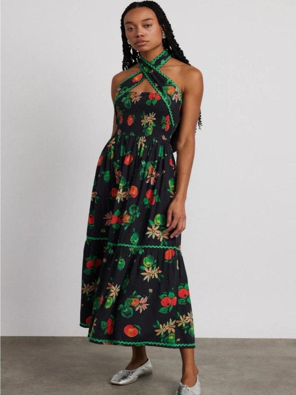 Damson Madder Pia Halter Floral Fruit-Print Maxi Dress in Black and Green